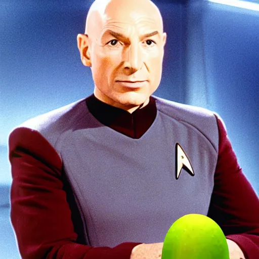Image similar to jean - luc picard in star trek wearing an avocado for a hat and a face