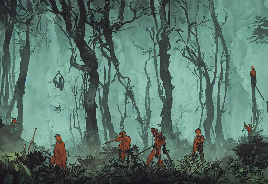 Image similar to handmade illustration of a rich in vegetation landscape, line art, ink, some small silhouetted medieval men among the trees, watercolor by Kilian Eng and by Jake Parker, winning-award masterpiece, fantastic, octane render, 8K HD Resolution, High quality image