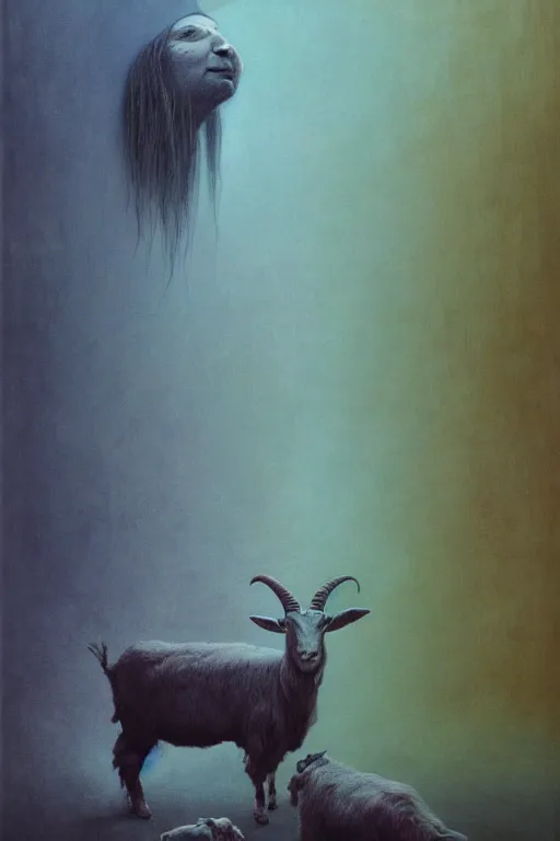 Image similar to painting of hybrid between human andy milonakis and a goat, by zdzislaw beksinski, by tiffany bozic, cold hue's, warm tone gradient background, concept art, beautiful composition, digital painting