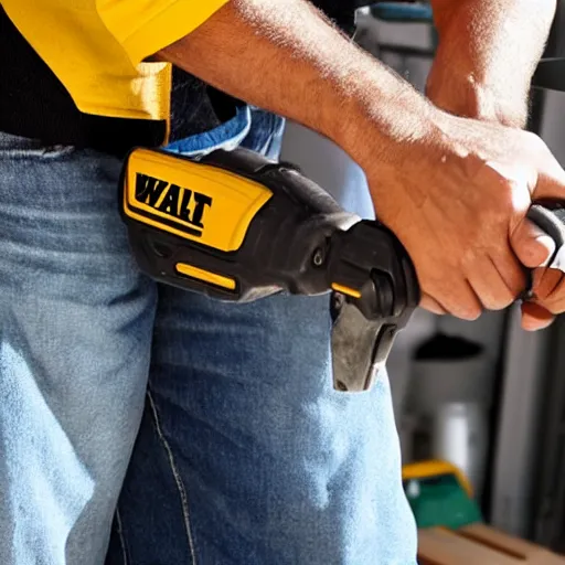 Prompt: latino man using cordless power tool made by dewalt