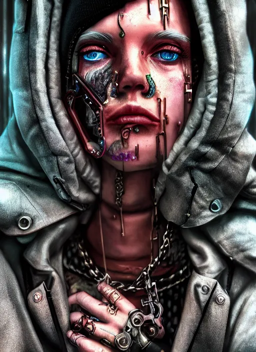 Image similar to portrait photo, 3 5 mm lomography, female doorwoman, gang clothing fashion, id magazine, hyperrealism, detailed textures, photorealistic, cyberpunk apocalyptic city, ultra realistic, cinematic, intricate, cinematic light, 8 k, david la chapelle, david kostic, artgerm