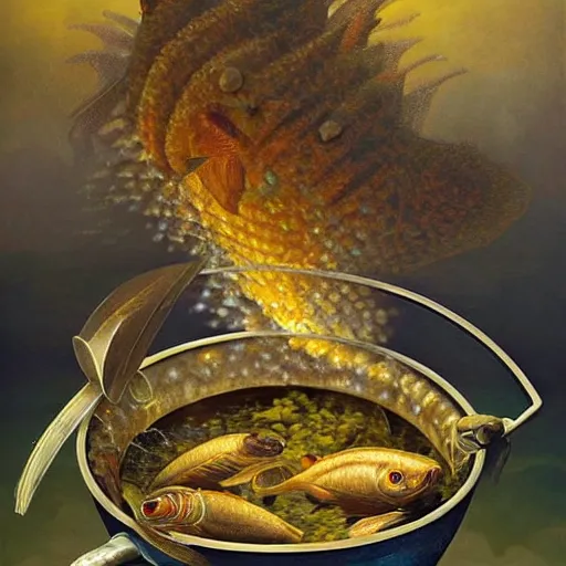 Image similar to surprised fish on a pile of fish in a cooking pot on fire, side view, by vladimir kush, dystopian art, rococo