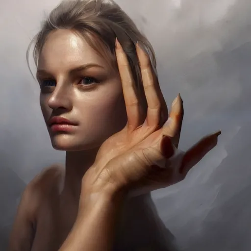 Prompt: hands by annie ralli art, artgem, fullshot, color painting, hyperrealistic, concept art, oil painting, masterpiece, concept art, trending on deviantart, realistic and detailed face, highly detailed, high quality, 8 k, soft lighting, fancy colors, fantasy, cinematic, high coherence