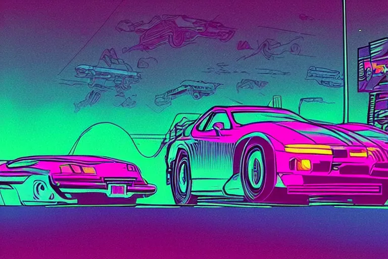 Prompt: 🚗🌌⚡😎, synthwave aesthetic, neon colours, lo - fi 8 0 s illustration