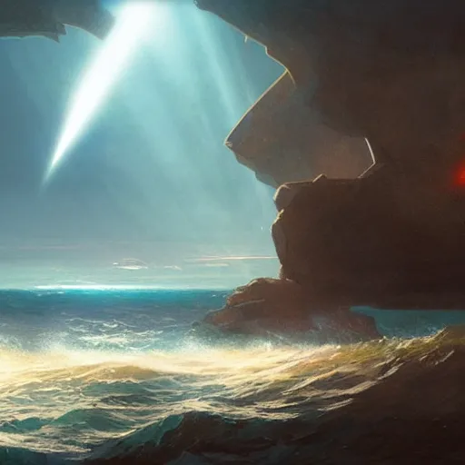 Image similar to An alien spaceship releasing a beam of light into the ocean, by greg rutkowski