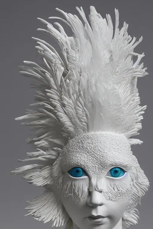 Prompt: full head and shoulders, realistic bjork porcelain rooster sculpture, smooth, delicate facial features, white eyes, white lashes, detailed white, lots of 3 d gold, all white features on a white background, by daniel arsham and james jean