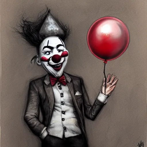 Image similar to surrealism grunge cartoon portrait sketch of a king with a wide smile and a red balloon by - michael karcz, loony toons style, pennywise style, horror theme, detailed, elegant, intricate