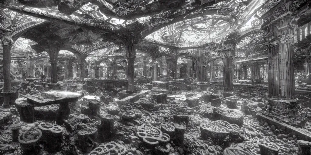 Image similar to mc donald's ruins underwater, wide shot, intricate details, caustics