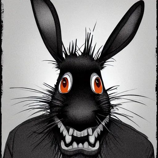 Image similar to A extremely highly detailed majestic hi-res beautiful, highly detailed head and shoulders portrait of a scary terrifying, horrifying, creepy black cartoon rabbit with scary big eyes, earing a shirt laughing, hey buddy, let's be friends, in the style of Walt Disney animation