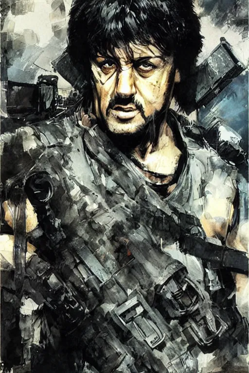 Prompt: a portrait of Stallone as Rambo by Yoji Shinkawa and Ashley Wood