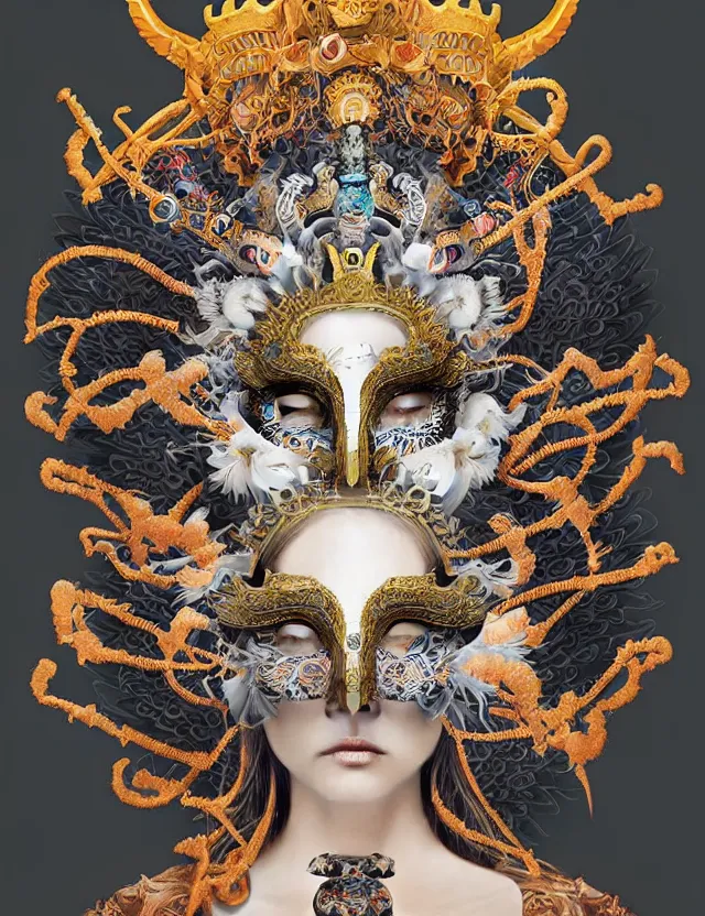 Image similar to goddess portrait with mask and crown made of ram skull. beautiful intricately detailed japanese crow kitsune mask and clasical japanese kimono. betta fish, jellyfish phoenix, bioluminescent, plasma, ice, water, wind, creature, super intricate ornaments artwork by tooth wu and wlop and beeple and greg rutkowski