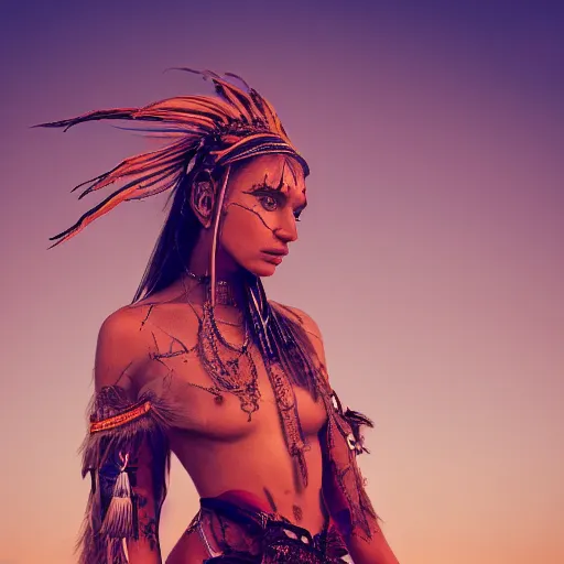 Prompt: a beautiful photography of a female futuristic shaman in a desert, close shot, Canon eos M50, trending on Artstation, warm color scheme