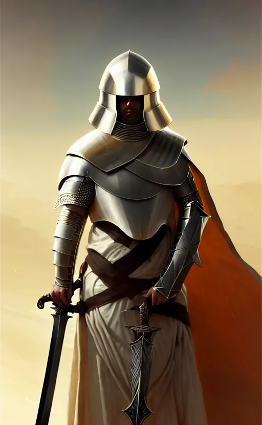 Image similar to white man looking forward in decorated plate armor, cylindrical crusader great helm covering all his head and white silk cape covering his elbows holding golden cross shaped heavy sword in the desert drawn by greg rutkowski realistic high detail