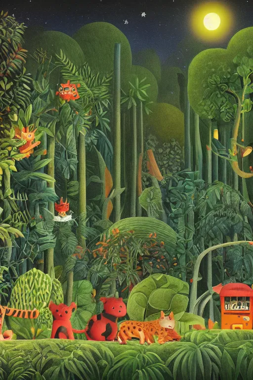 Prompt: night jungle, forest, stars, highly detailed, unreal engine render concept art, style of henri rousseau and richard scarry and hiroshi yoshida