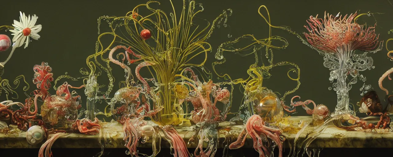 Image similar to ultradetailed photorealistic still life with jelly flowers by ernst haeckel, caravaggio, roger dean and andrei tarkovsky, slime and tentacles, wide angle, minimalistic cinematic composition, octane render, bokeh, unreal engine, 4k 3d render