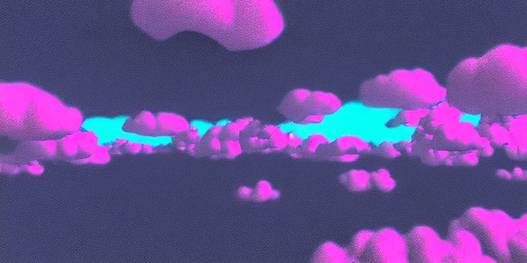Image similar to vaporwave combat drone strike war footage, ir, chromatic aberration!!!!!!!!!!!, broken camera colors, iridescent!!!!!!!!! saturated infrared camera, very high contrast, nuclear cloud, high angle vertical, inversed color, clouds, jpeg compression