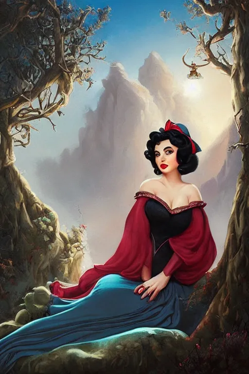 Image similar to beautiful hq matte painting of elizabeth taylor as snow white, by peter mohrbacher greg rutowski