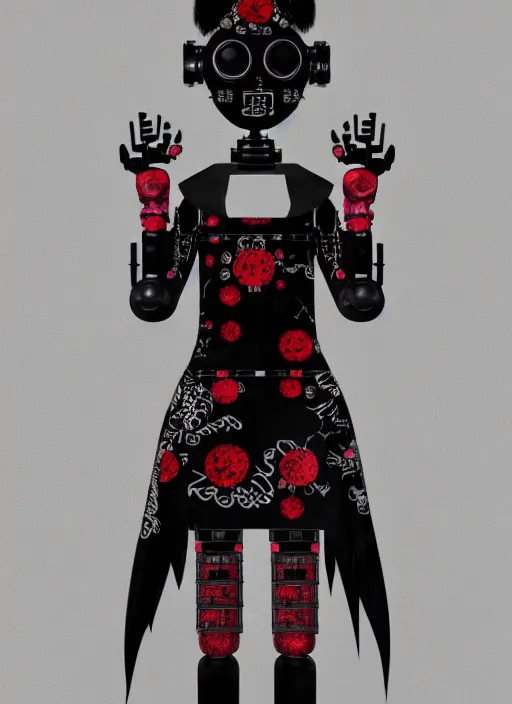 Prompt: full body portrait of a gothic style punk geisha robot with kanji tattoos and decals wearing a digital pixelated kimono, intricate design, photo - realistic, octane render, dark colour palette, ultra fine detailed, character design, trending on artstation