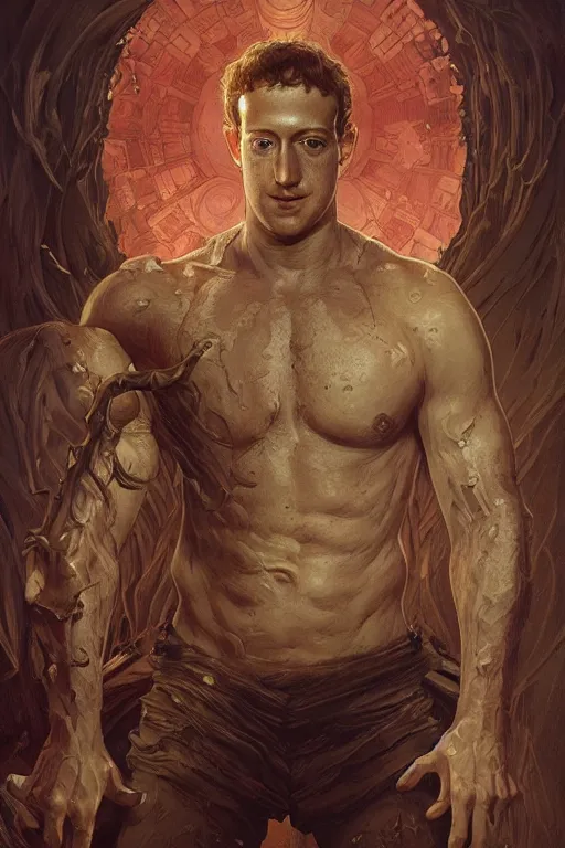 Image similar to portrait of mark zuckerberg as a hulking herculean demon, forest, godlike, full body, fantasy, intricate, elegant, highly detailed, digital painting, artstation, concept art, sharp focus, illustration, art by artgerm and greg rutkowski and alphonse mucha