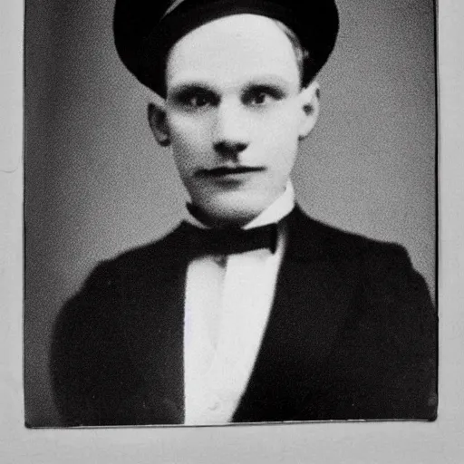 Image similar to A photograph portrait of Jerma985 wearing a bowler hat in the early 1920s, taken in the early 1920s, grainy, taken on a early 1900s Kodak Camera, realistic, hyperrealistic, very realistic, highly detailed, very detailed, extremely detailed, detailed, digital art, trending on artstation