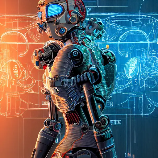 Prompt: a beautiful fighting body of a bot fighter pilot woman mostly made of wires and electronic circuits board led luminous, an ultrafine detailed illustration by james jean, final fantasy, intricate linework, bright colors, behance contest winner, vanitas, angular, altermodern, unreal engine 5 highly rendered, global illumination, radiant light, detailed and intricate environment