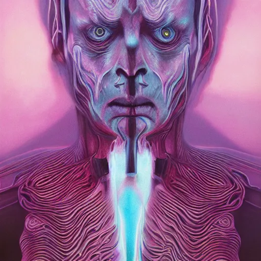 Image similar to Hyperdetailed psychedelic horror fantasy portrait of a vampire by Wayne Barlowe and Beeple, vivid color, album cover,