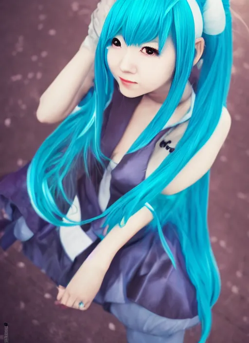 Prompt: Cute beautiful Asian cosplay girl with long blue hair and tempting eyes cosplaing Hatsune miku, full length shot, shining, 8k, HQ, sharp focus, IMAX quality, illustration, by Ilya kuvshinov