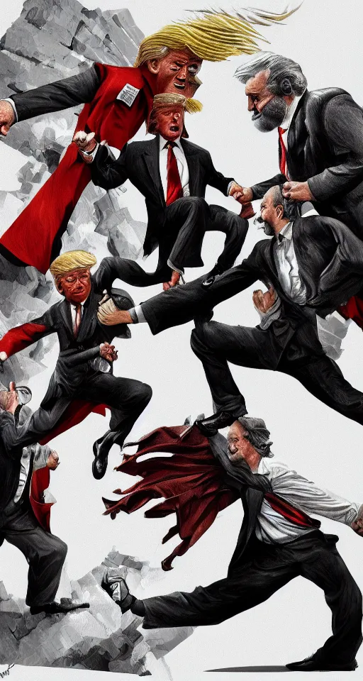 Image similar to Donald Trump fighting Karl Marx, highly detailed, award-winning, digital art, artstation, 8K