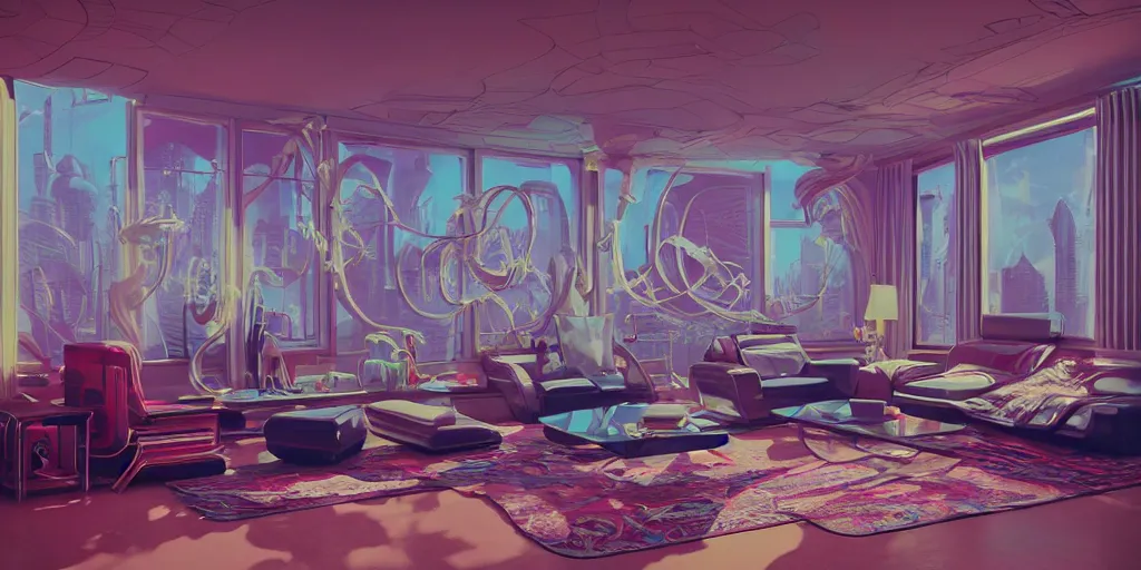 Prompt: 80s futuristic retro living room:: by beeple and James Gilleard and Justin Gerard :: ornate, dynamic, particulate, intricate, elegant, highly detailed, centered, artstation, smooth, sharp focus, octane render, 3d