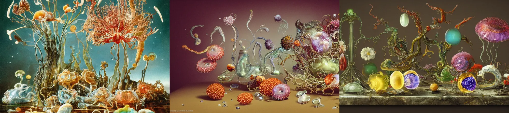 Prompt: ultradetailed flash photo of reailistic still life with jelly flowers by ernst haeckel, amano, caravaggio, roger dean and andrei tarkovsky, lovecraftian horror, slime, tentalces, wide angle, cinematic, octane render, bokeh, unreal engine, 4k