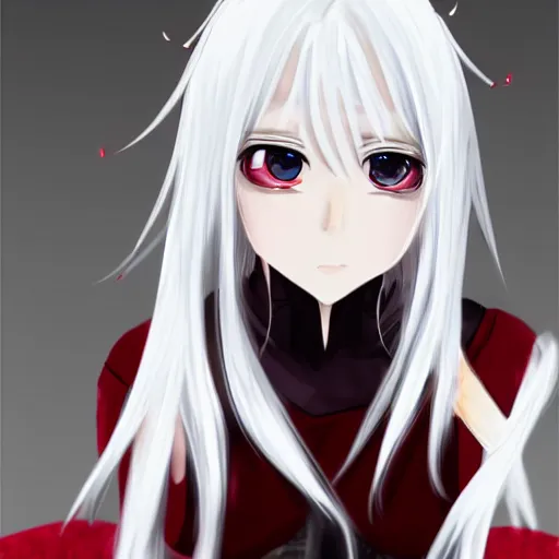 Image similar to white hair, red eyes, two little horn on the head, anime style, anime girl