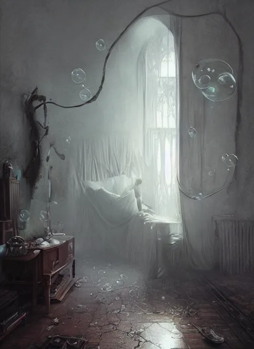 Prompt: a dreary bedroom that blends with fantastical scenes of dreams, dreams invading mundane spaces, fantasy infiltrating reality, bubbles of the impossible, swirls of magic, 8k, ultradetailed, illustrated by Greg Rutkowski and Caspar David Friedrich.