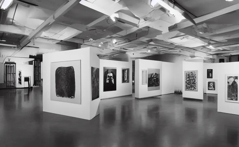 Prompt: an exhibition space with ethnographic objects on display / 6 0 s / offset lithography / realistic / black and white / 8 k