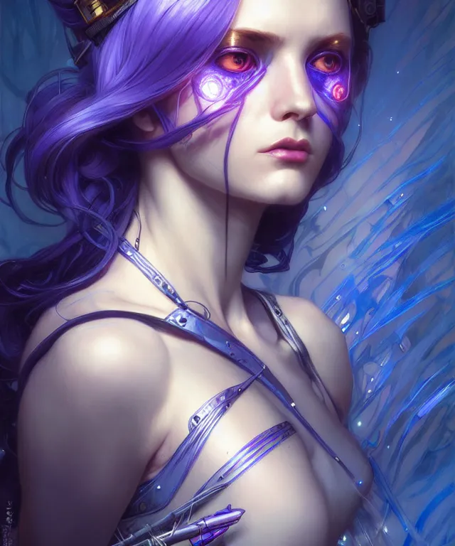 Prompt: Synthesizer and drum machine musician, sci-fi, fire eyes, face, blue and purple hair, fantasy, intricate, elegant, highly detailed, digital painting, artstation, concept art, smooth, sharp focus, illustration, art by artgerm and greg rutkowski and alphonse mucha