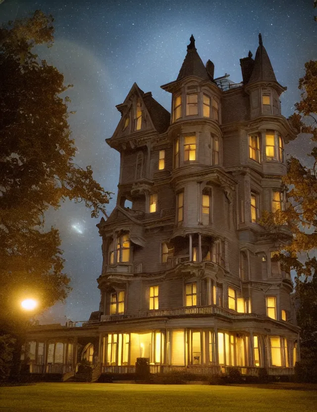 Prompt: a wide angle low photo of a ghostly victorian mansion at night list by spectral glowing orbs in the style of casey weldon