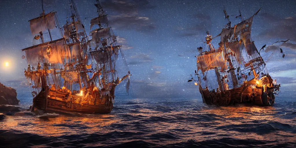 Prompt: a pirate ship sailing to tortuga at night, high detail, high definition, photorealistic, 8k