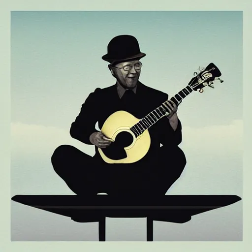 Image similar to album art, man sitting on top of an airbus playing ukulele, profile picture, digital art