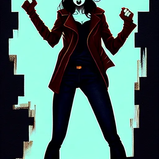 Image similar to rafael albuquerque comic art, peter mohrbacher, phil noto, steve niles, artgerm, pretty willa holland vampire sharp vampire teeth open mouth, symmetrical eyes, black leather jacket, jeans, long black hair