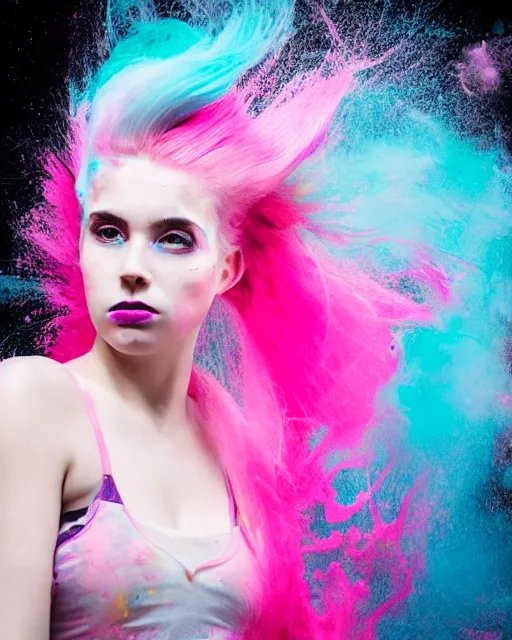 Image similar to a dramatic lighting photo of a beautiful young woman with cotton candy hair. paint splashes. with a little bit of cyan and pink