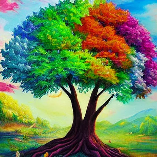 Prompt: magical realism fantasy tree landscape with colorful tree of life detailed painting