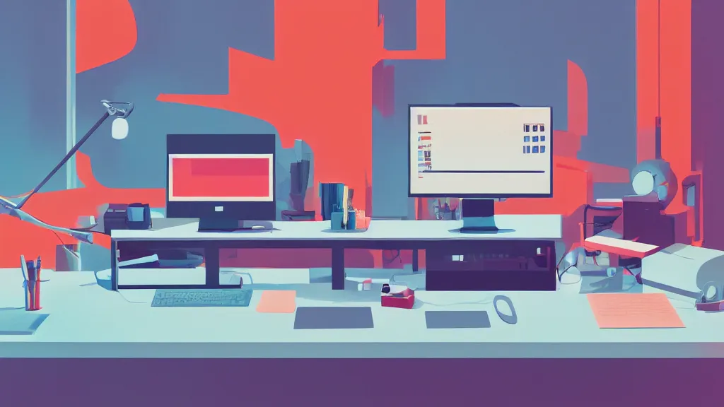 Image similar to stylized retro minimalist design of the desk of a famous web designer working with apple computer, loftis, cory behance hd, by moebius, makoto shinkai and lois van baarle, ilya kuvshinov, rossdraws global illumination