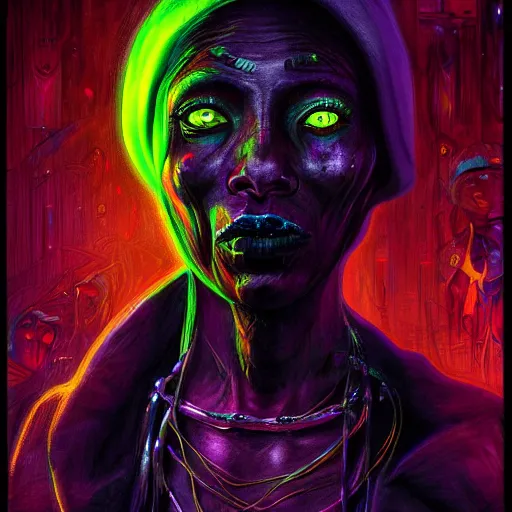 Image similar to a death tarot featuring a haitian voodoo priestess with menacing eyes, blacklight neon colors, by anton semenov and android jones in cyberpunk voodoo style, oil on canvas, 8k