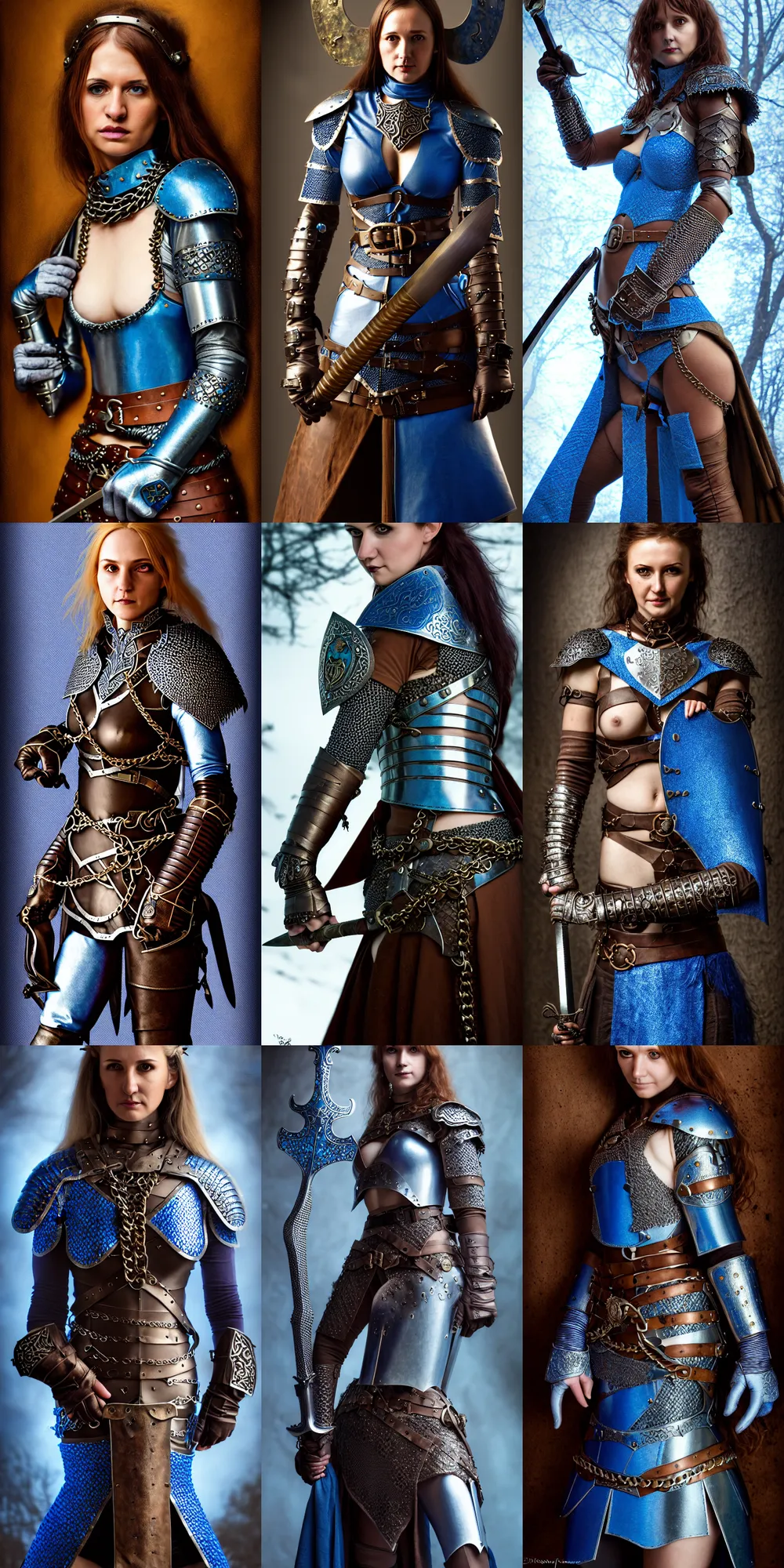 Prompt: detail body portrait of pretty girl chain mail, blue surcoat, female, middle age, fantasy, dark forest, digital art, award winning, scabbard, shield, saphire medallion leather gloves, wide belt, elf, long weaving brown hair, celshading, sharp focus, intricate, looks right by loles romero, greg rutkowski, ilya kuvshinov