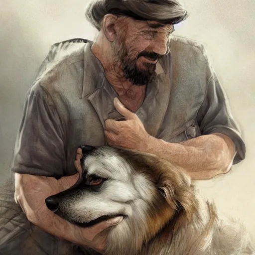 Prompt: portrait of a old, ruggedly handsome bearded man cuddling a corgi dog, soft hair, muscular, half body, cloth, d & d, fantasy, intricate, elegant, highly detailed, digital painting, artstation, concept art, smooth, sharp focus, illustration, art by artgerm and greg rutkowski and alphonse mucha