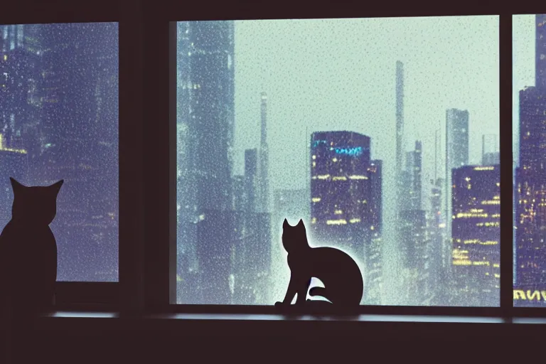 Image similar to A cat sitting on a window watching the view of a cyberpunk city, 24mm, 8k, octane render, beautiful, peaceful, cyberpunk, moody, raining, rain, super detailed, dof, volumetric lighting, rtx, raytracing