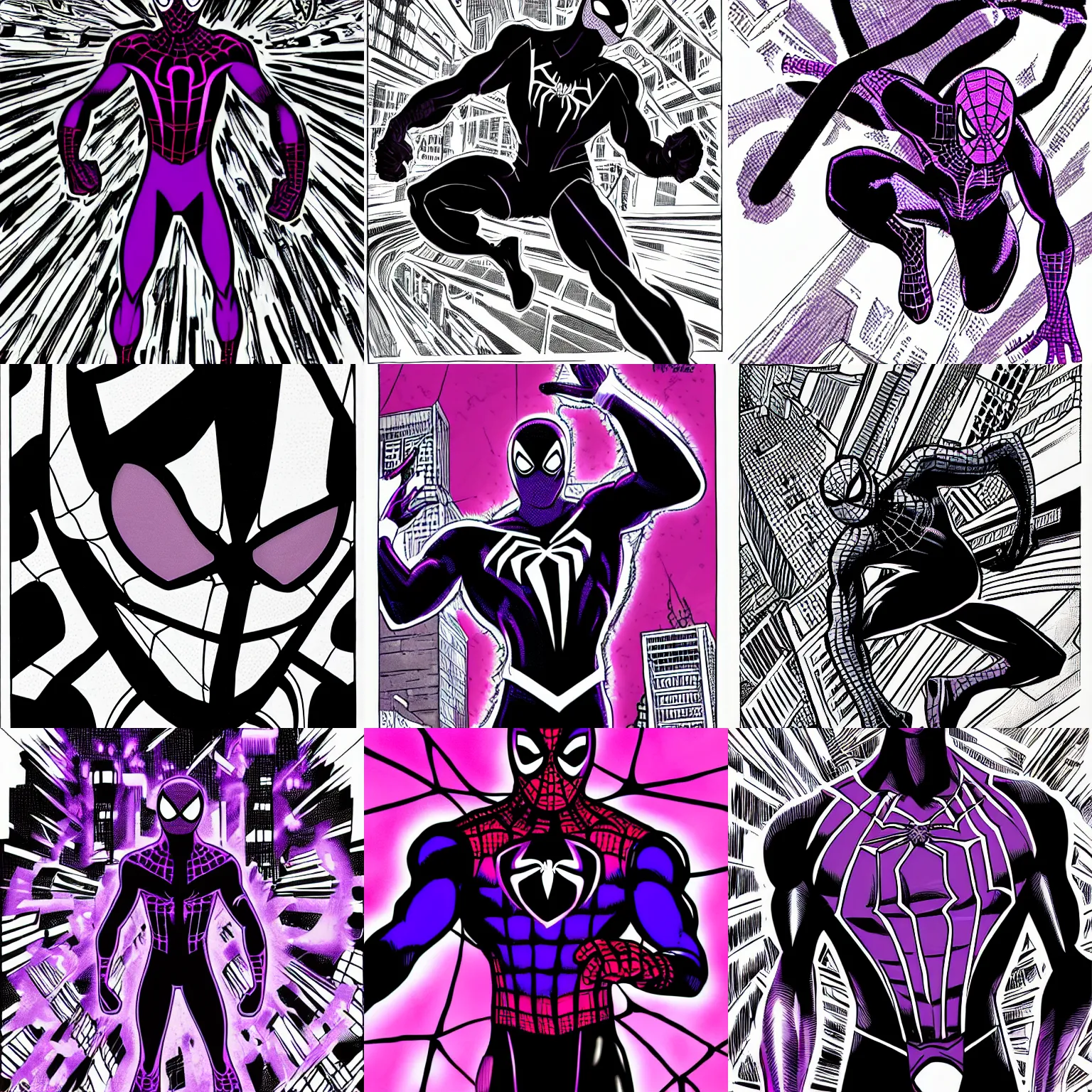 Prompt: black and purple spiderman drawn in comic book art style by steve ditko, 4 k digital art