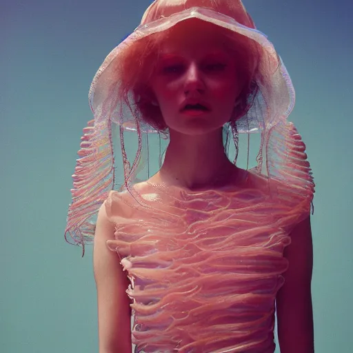 Image similar to Fashion photography of a woman wearing a dress inspired by a jellyfish, artistic photography, insanely detailed, chiaroscuro, cinestill 800t, Vogue magazine