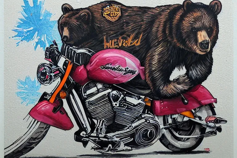 Image similar to a bear riding a Harley Davidson by Sandra Chevrier