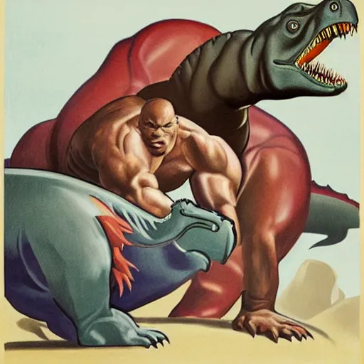 Prompt: art deco portrait of mike tyson fighting a dinosaur