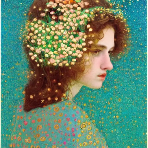 Image similar to a lot of flowers morphing in a beautiful girls face, film still by wes anderson, depicted by klimt, limited color palette, very intricate, art nouveau, highly detailed, lights by hopper, soft pastel colors, minimalist